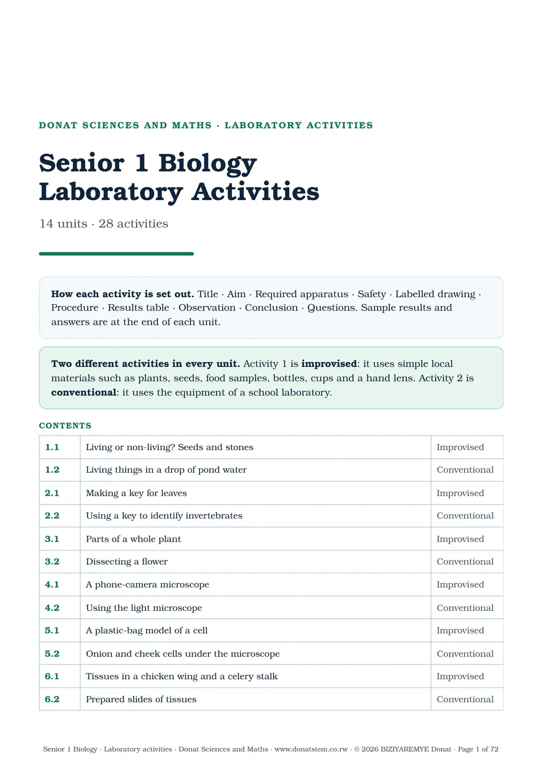 Cover of the Senior 1 laboratory activities
