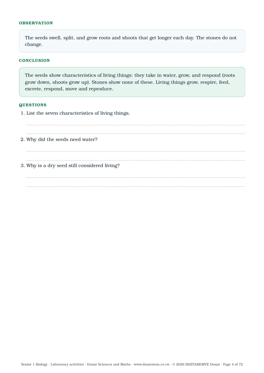 Page 4 of the Senior 1 biology laboratory activities: Activity 1.1: results table, observation, conclusion and questions
