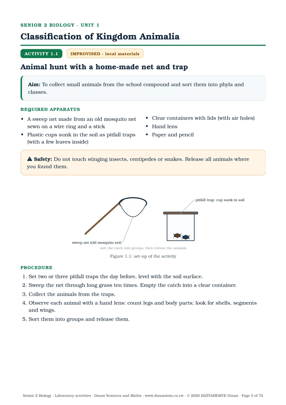 Page 3 of the Senior 2 biology laboratory activities: Activity 1.1 (improvised): aim, apparatus, labelled drawing and procedure