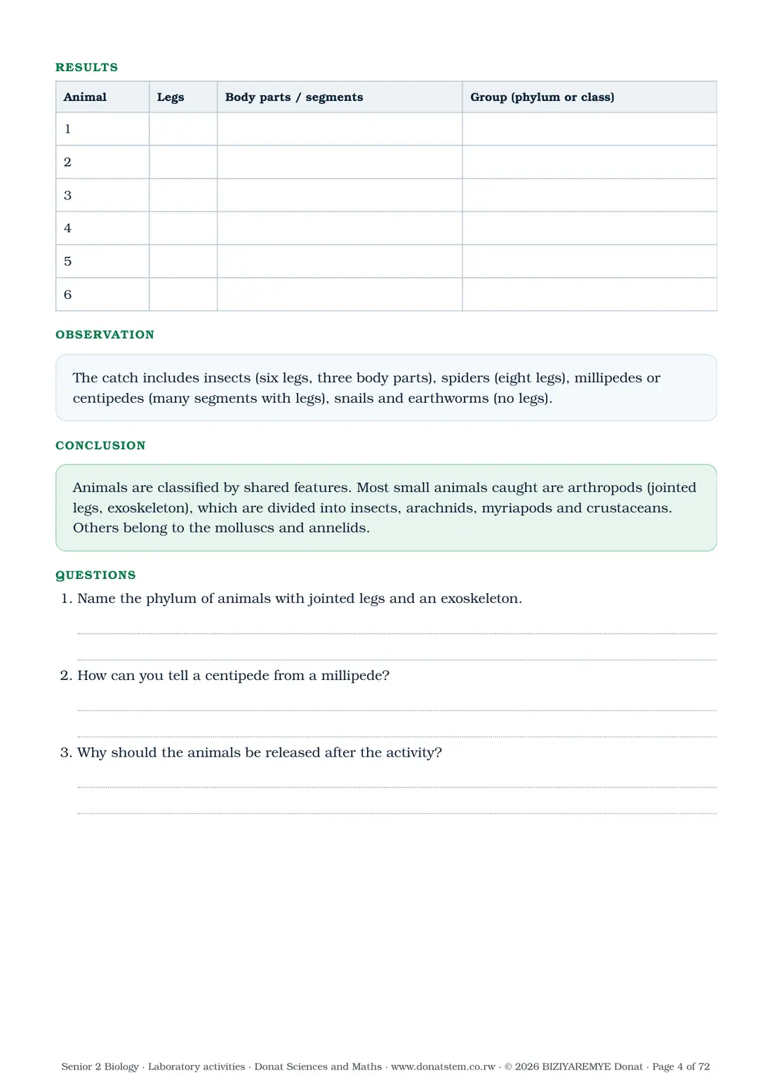 Page 4 of the Senior 2 biology laboratory activities: Activity 1.1: results table, observation, conclusion and questions