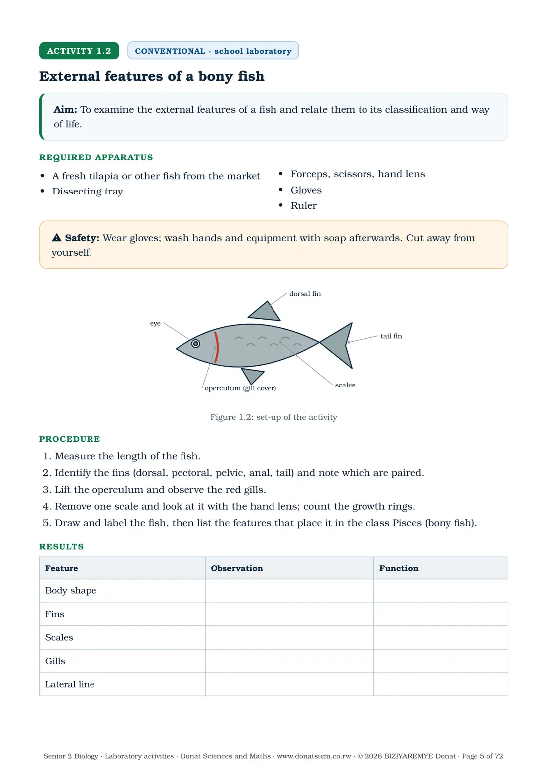 Page 5 of the Senior 2 biology laboratory activities: Activity 1.2 (conventional) begins