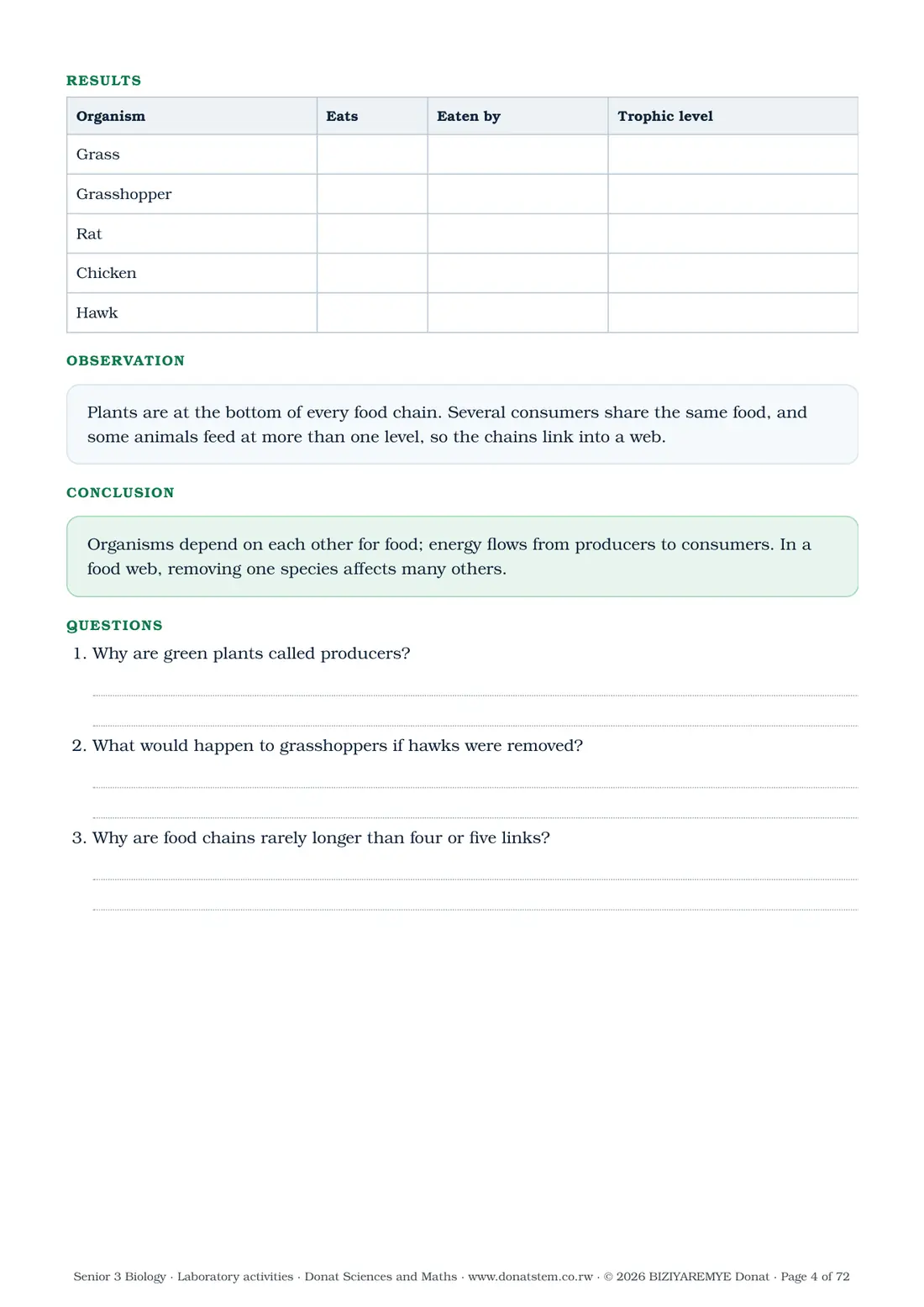 Page 4 of the Senior 3 biology laboratory activities: Activity 1.1: results table, observation, conclusion and questions