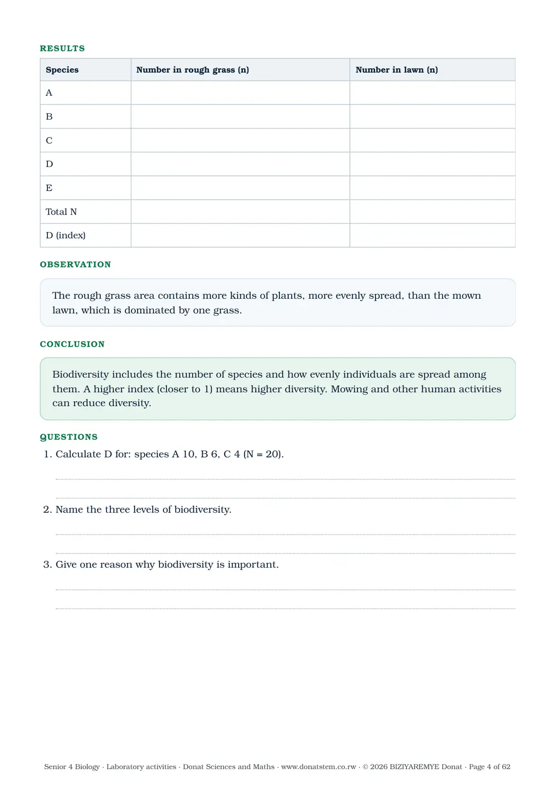 Page 4 of the Senior 4 biology laboratory activities: Activity 1.1: results table, observation, conclusion and questions