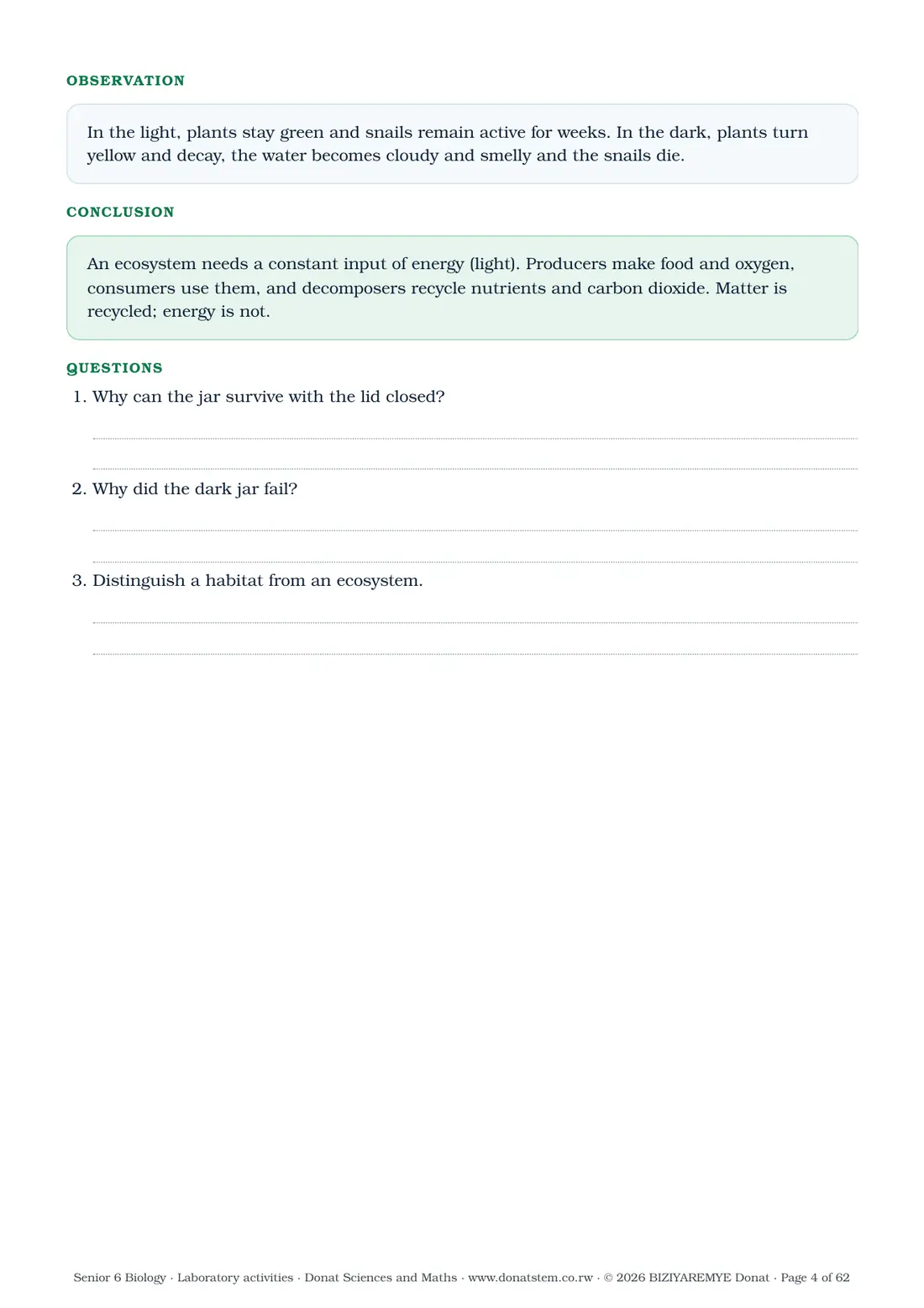 Page 4 of the Senior 6 biology laboratory activities: Activity 1.1: results table, observation, conclusion and questions