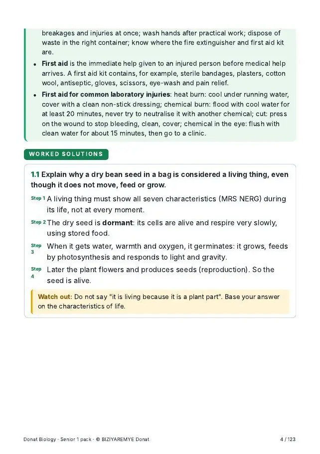 Page 4 of the Senior 1 biology pack: Worked solutions with “Watch out” notes