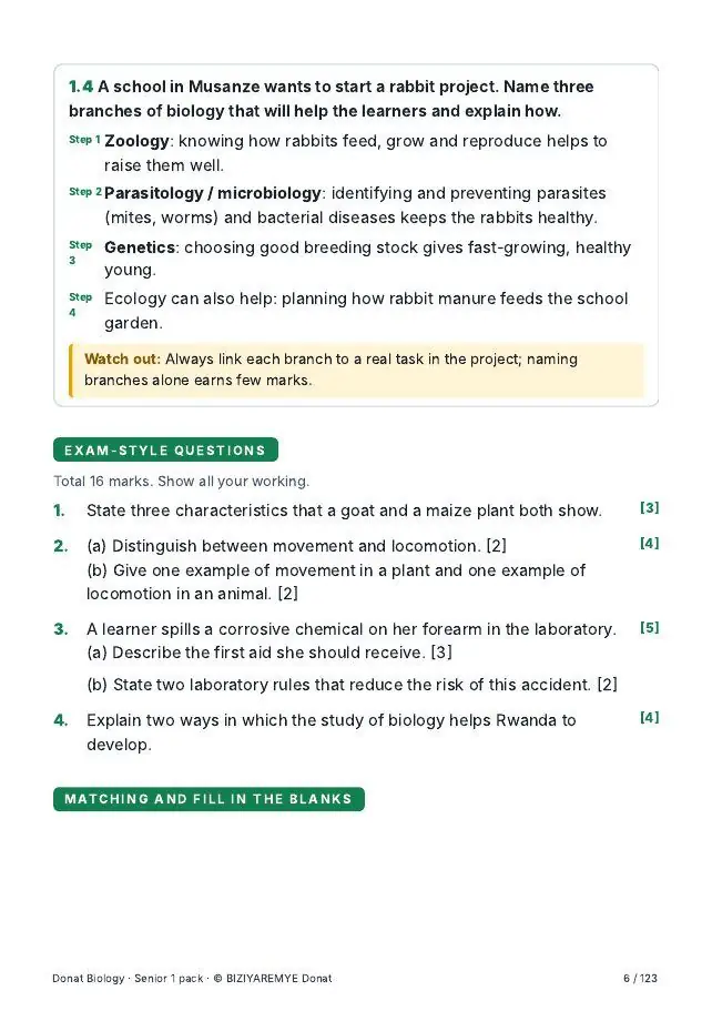 Page 6 of the Senior 1 biology pack: Exam-style questions with marks