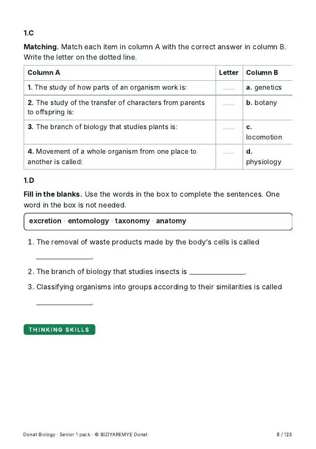 Page 8 of the Senior 1 biology pack: A thinking-skills question across the six Bloom levels
