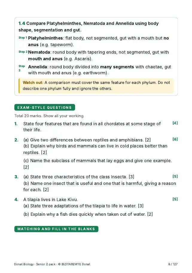 Page 6 of the Senior 2 biology pack: Exam-style questions with marks