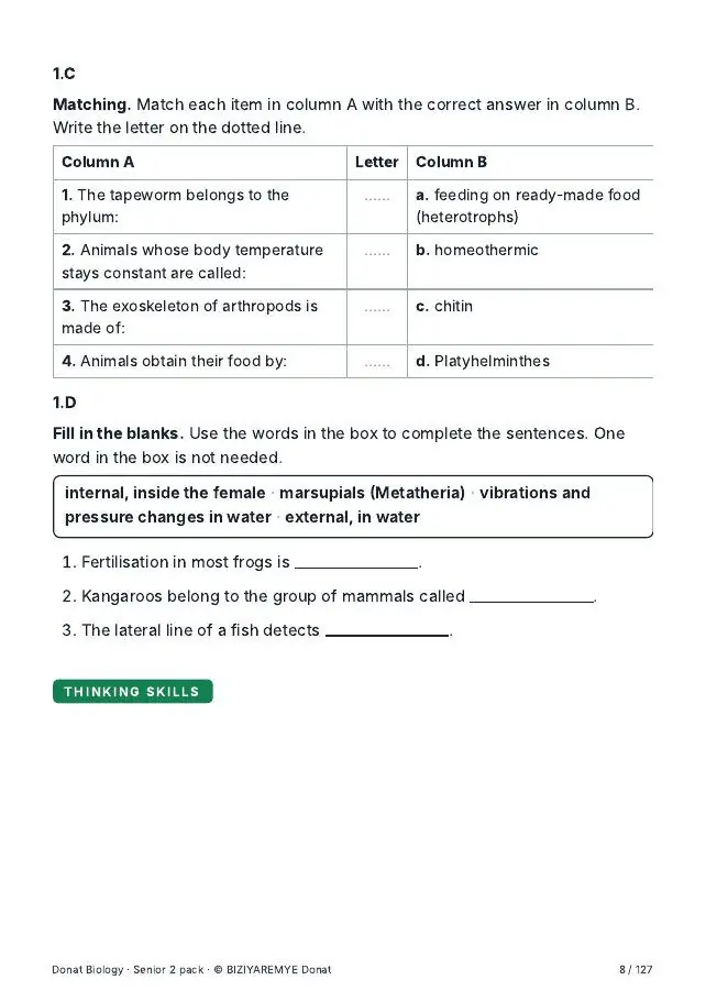 Page 8 of the Senior 2 biology pack: A thinking-skills question across the six Bloom levels