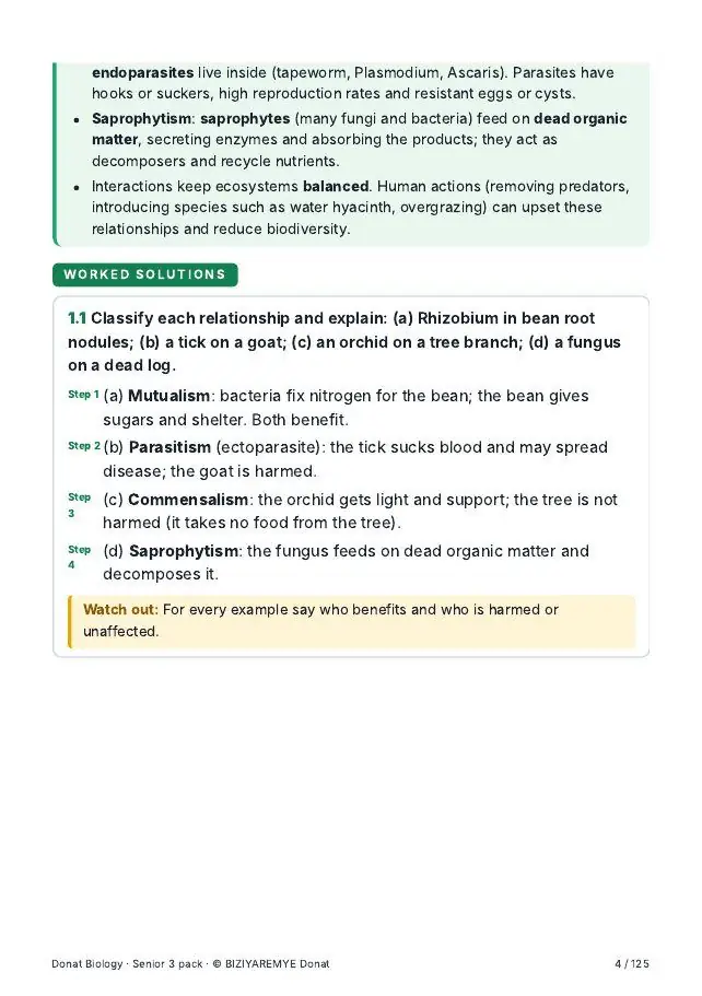 Page 4 of the Senior 3 biology pack: Worked solutions with “Watch out” notes