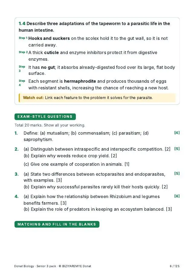 Page 6 of the Senior 3 biology pack: Exam-style questions with marks