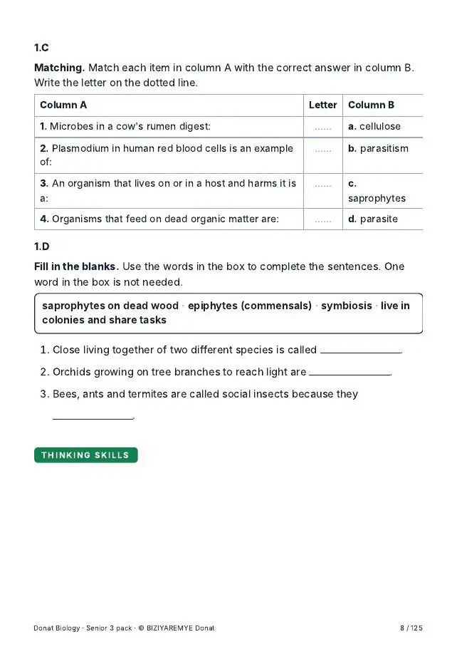 Page 8 of the Senior 3 biology pack: A thinking-skills question across the six Bloom levels