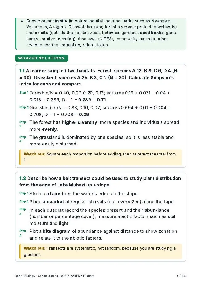 Page 4 of the Senior 4 biology pack: Worked solutions with “Watch out” notes
