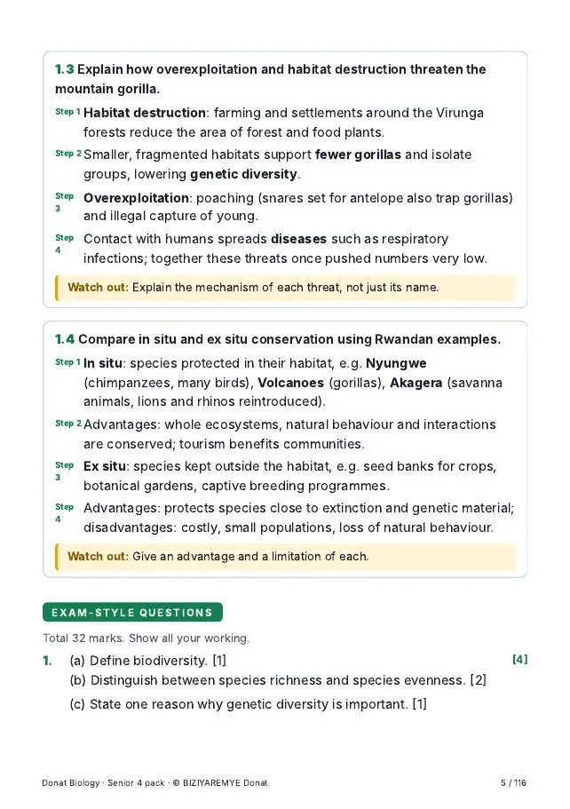 Page 5 of the Senior 4 biology pack: Exam-style questions with marks