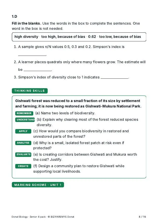 Page 8 of the Senior 4 biology pack: A thinking-skills question across the six Bloom levels