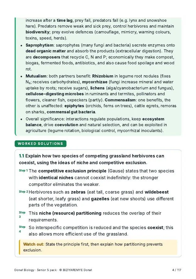 Page 4 of the Senior 5 biology pack: Worked solutions with “Watch out” notes