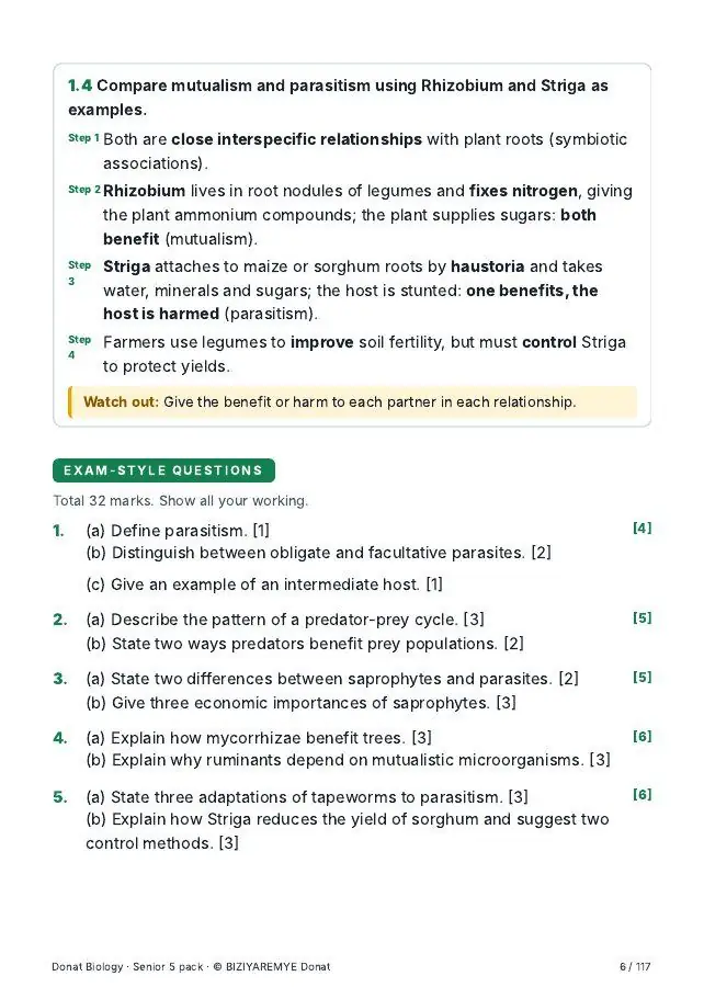 Page 6 of the Senior 5 biology pack: Exam-style questions with marks