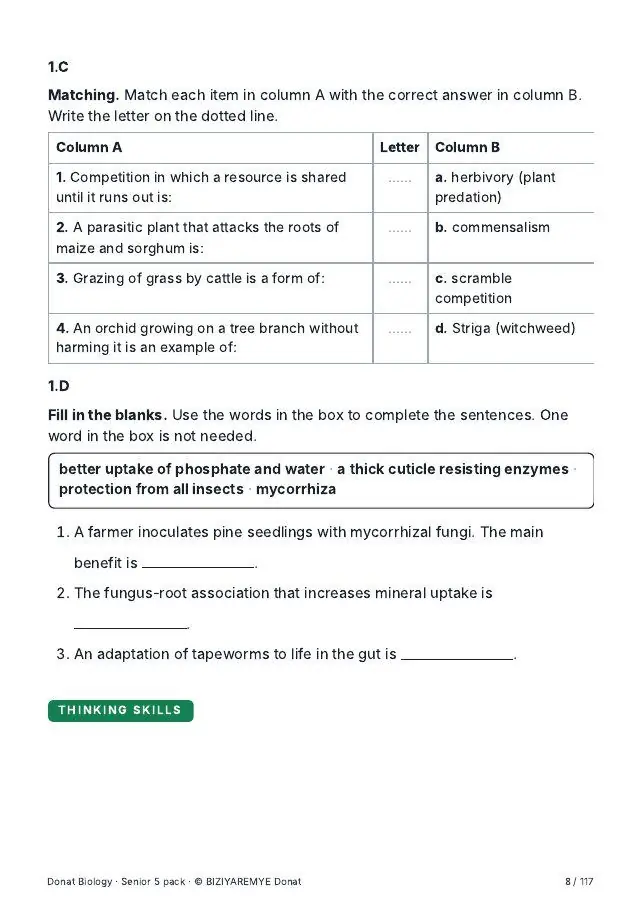 Page 8 of the Senior 5 biology pack: A thinking-skills question across the six Bloom levels
