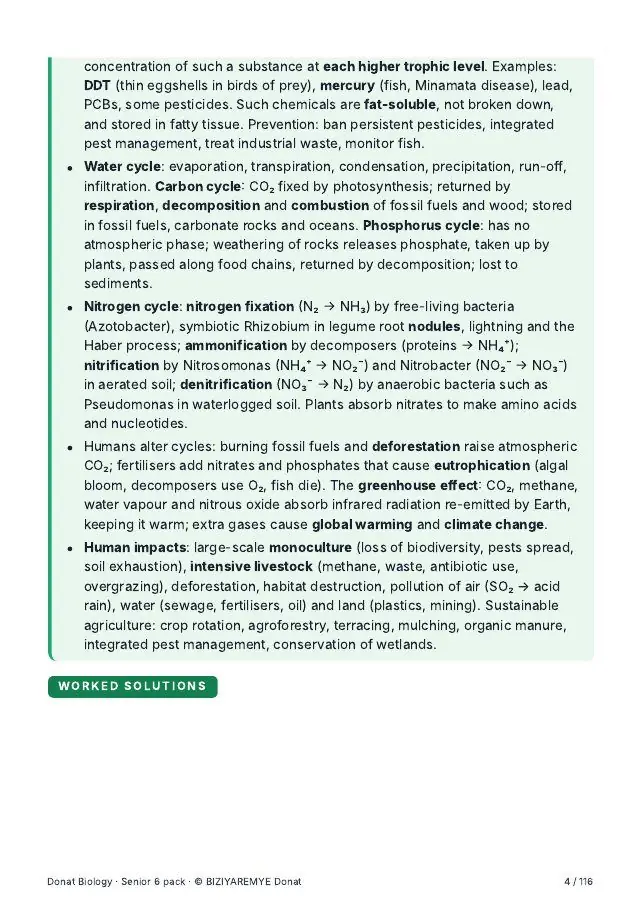 Page 4 of the Senior 6 biology pack: Worked solutions with “Watch out” notes