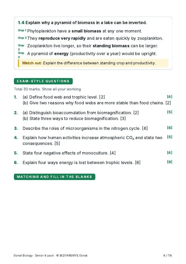 Page 6 of the Senior 6 biology pack: Exam-style questions with marks