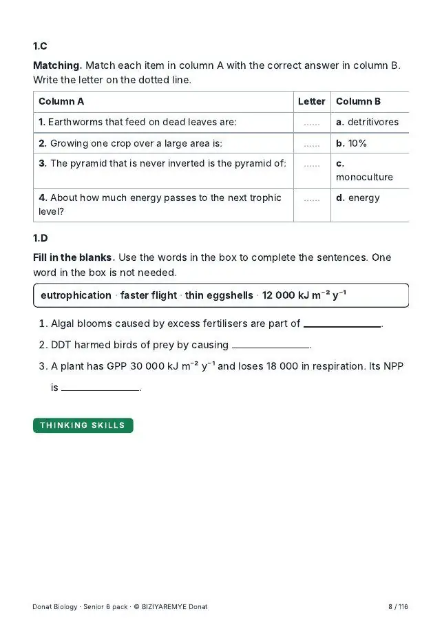 Page 8 of the Senior 6 biology pack: A thinking-skills question across the six Bloom levels