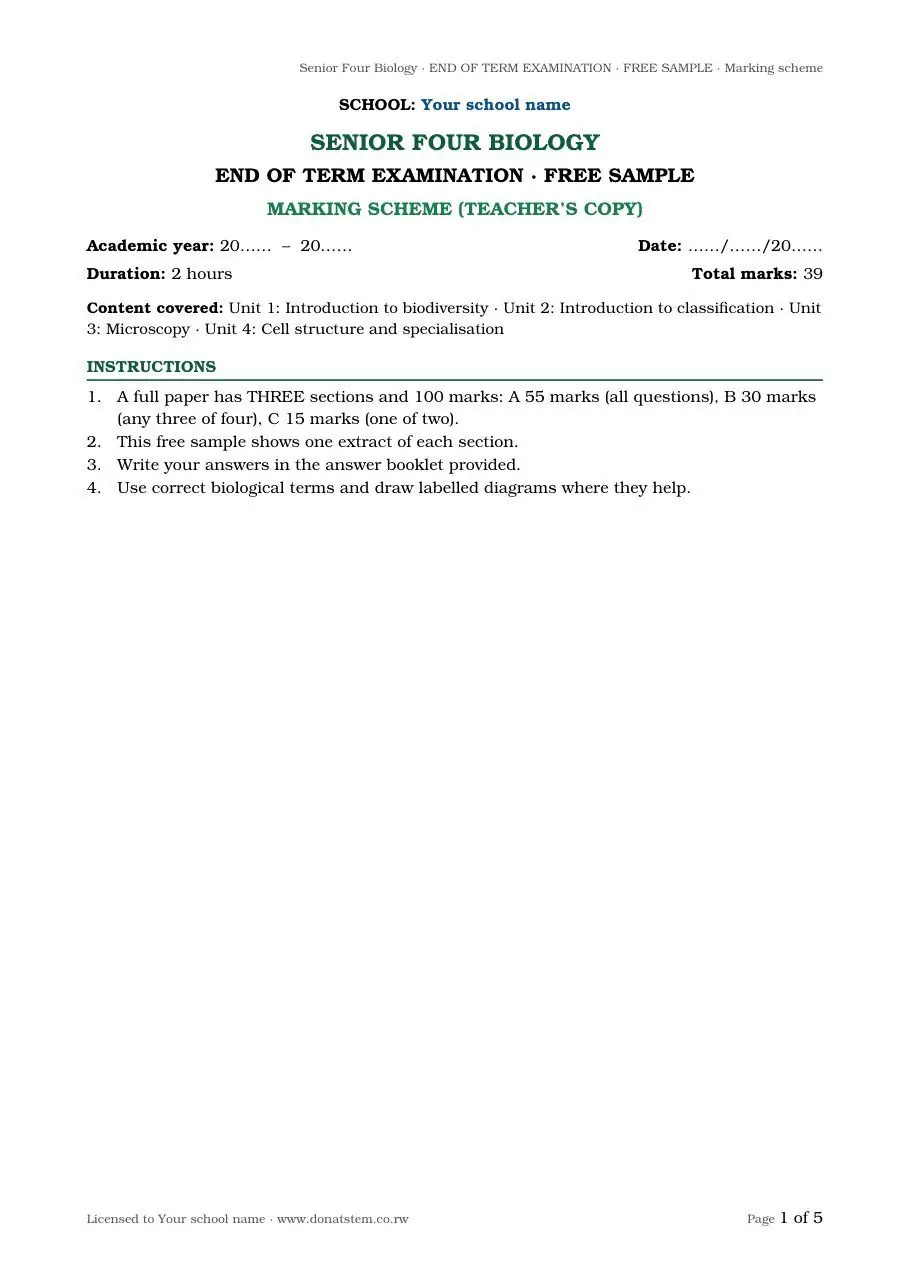 End-of-term exam sample, cover page in the national exam layout