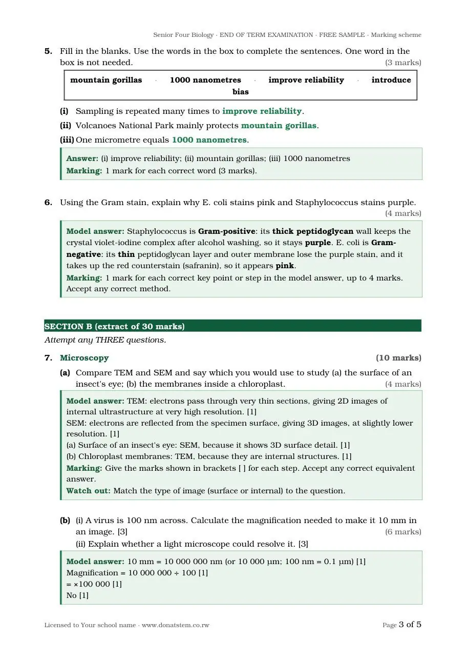 End-of-term exam sample, structured questions with marking for each step