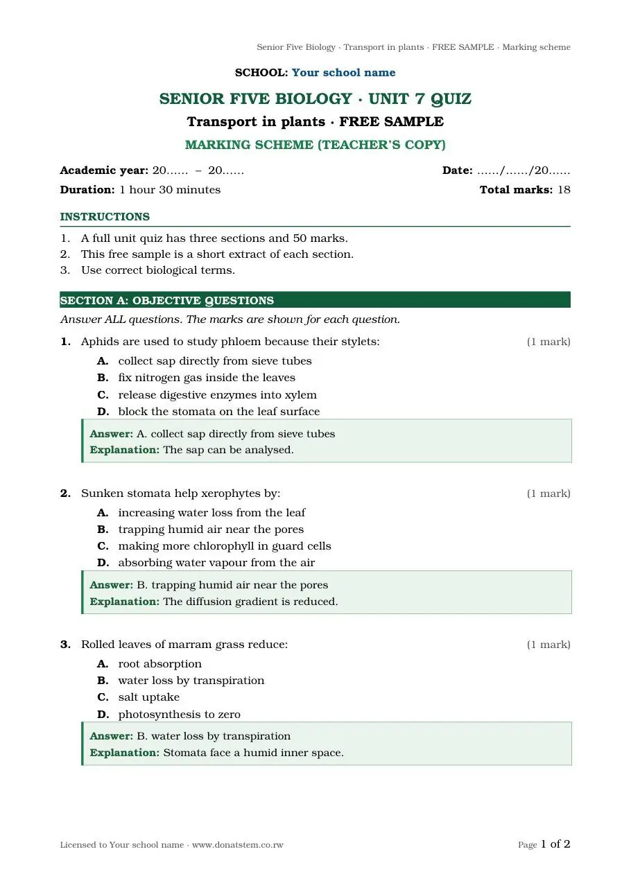 Unit quiz sample, page 1: Section A with answers and explanations