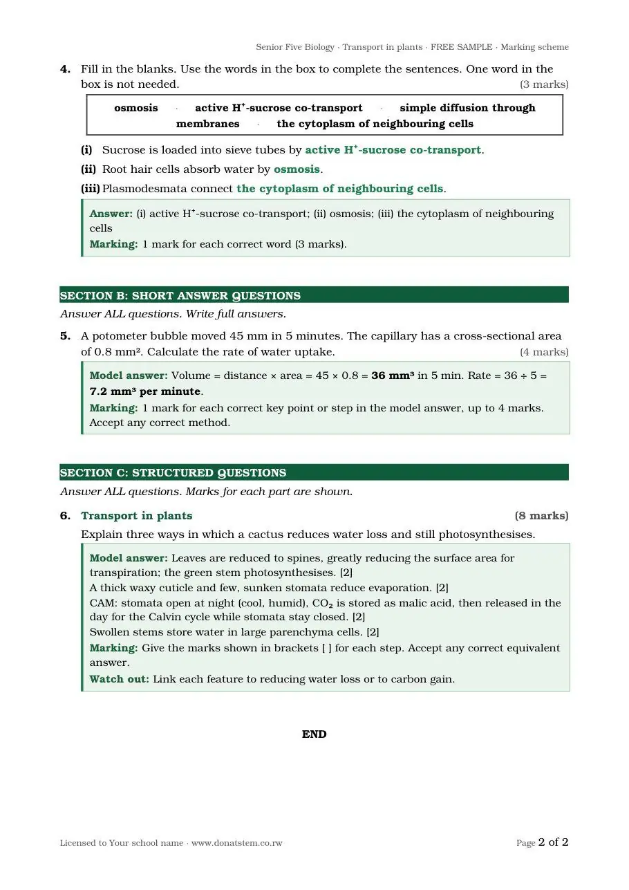 Unit quiz sample, page 2: short answers with model answers and marks