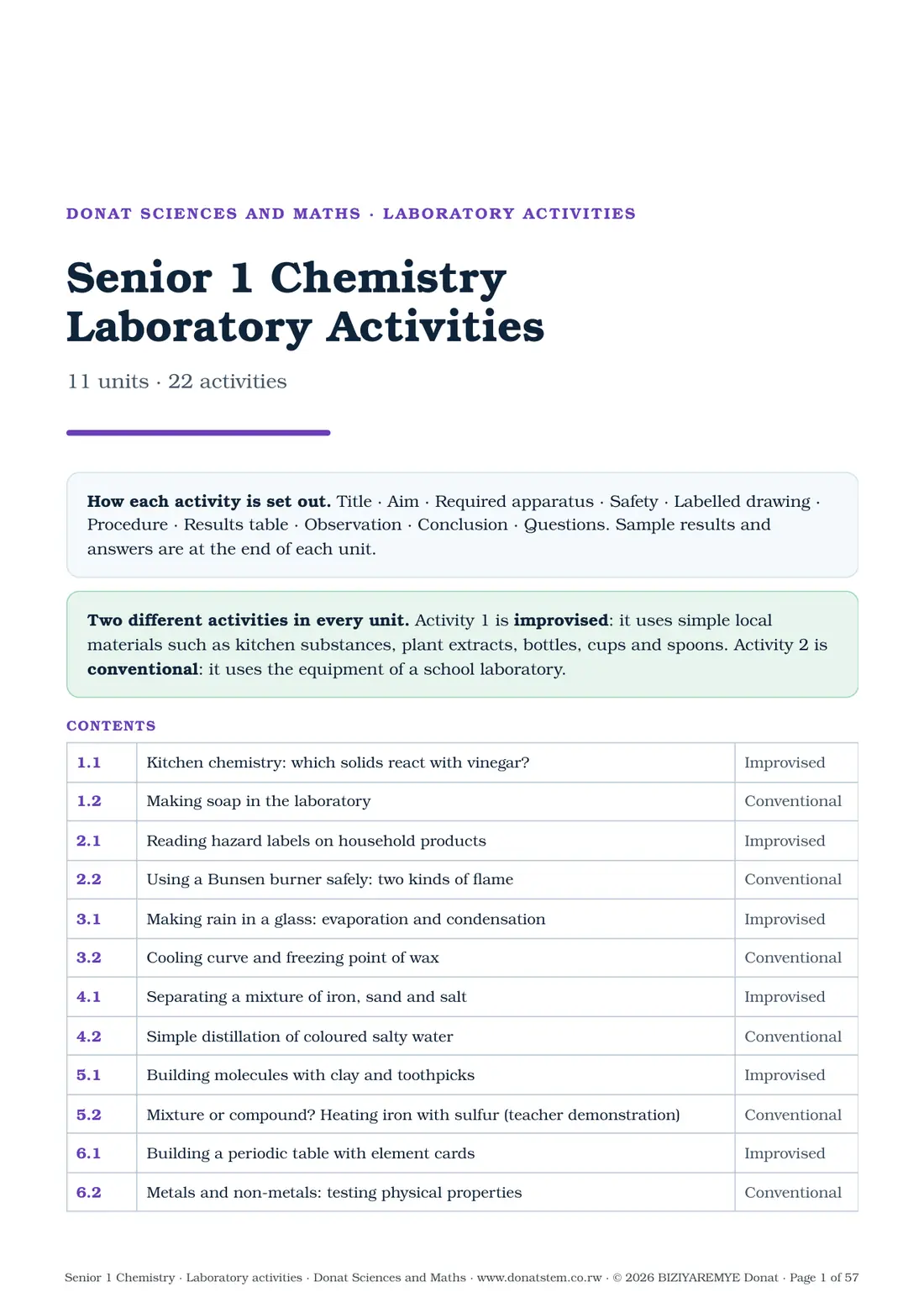 Cover of the Senior 1 laboratory activities