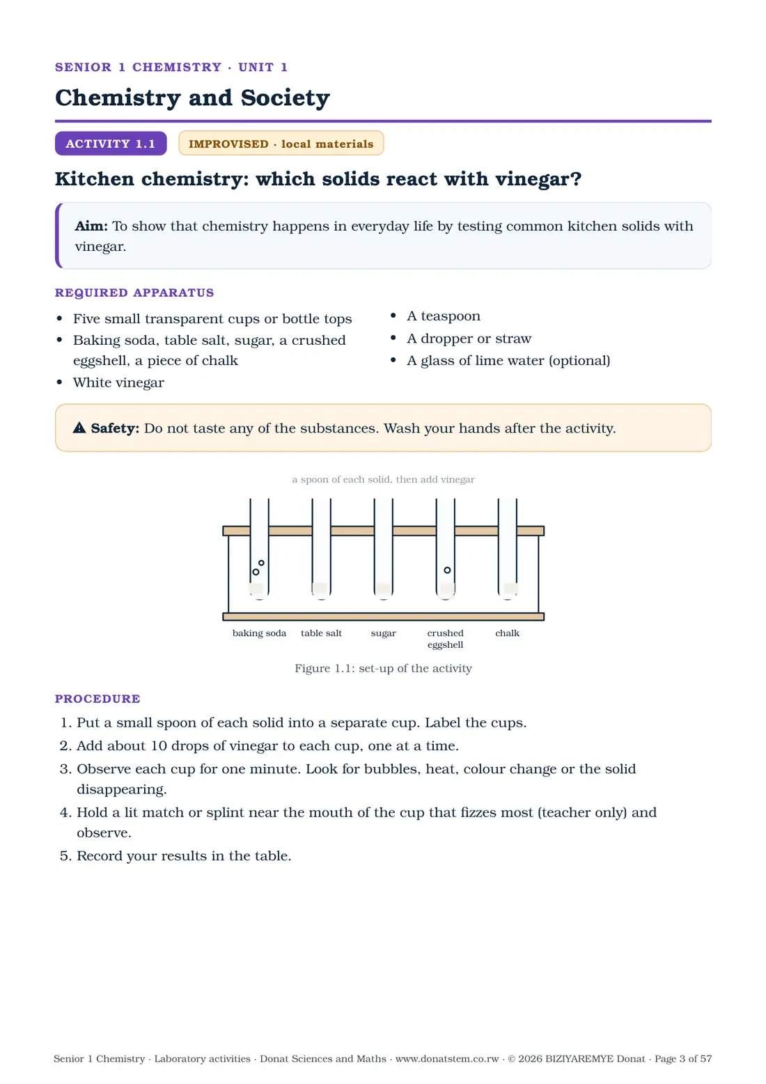 Page 3 of the Senior 1 chemistry laboratory activities: Activity 1.1 (improvised): aim, apparatus, labelled drawing and procedure