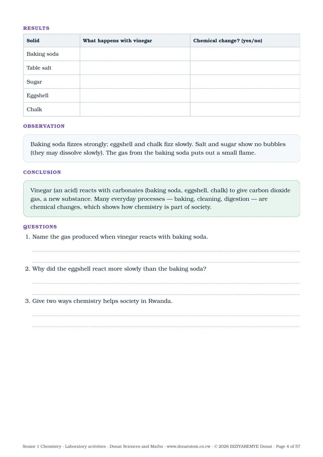 Page 4 of the Senior 1 chemistry laboratory activities: Activity 1.1: results table, observation, conclusion and questions