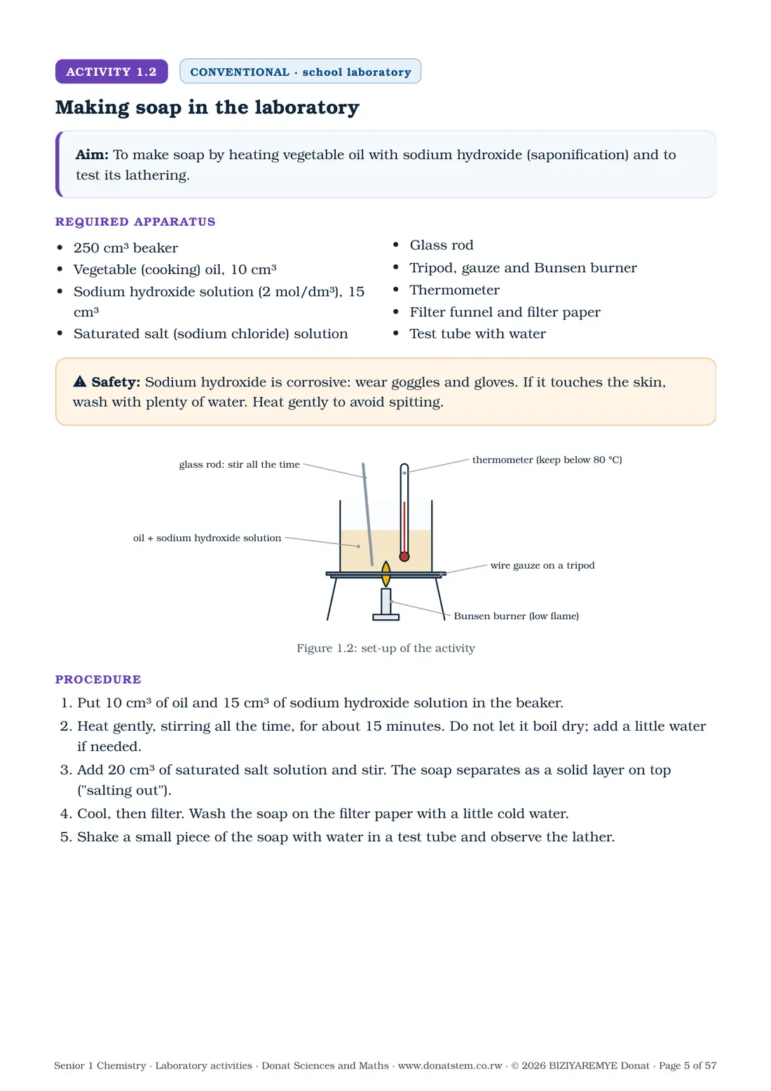 Page 5 of the Senior 1 chemistry laboratory activities: Activity 1.2 (conventional) begins