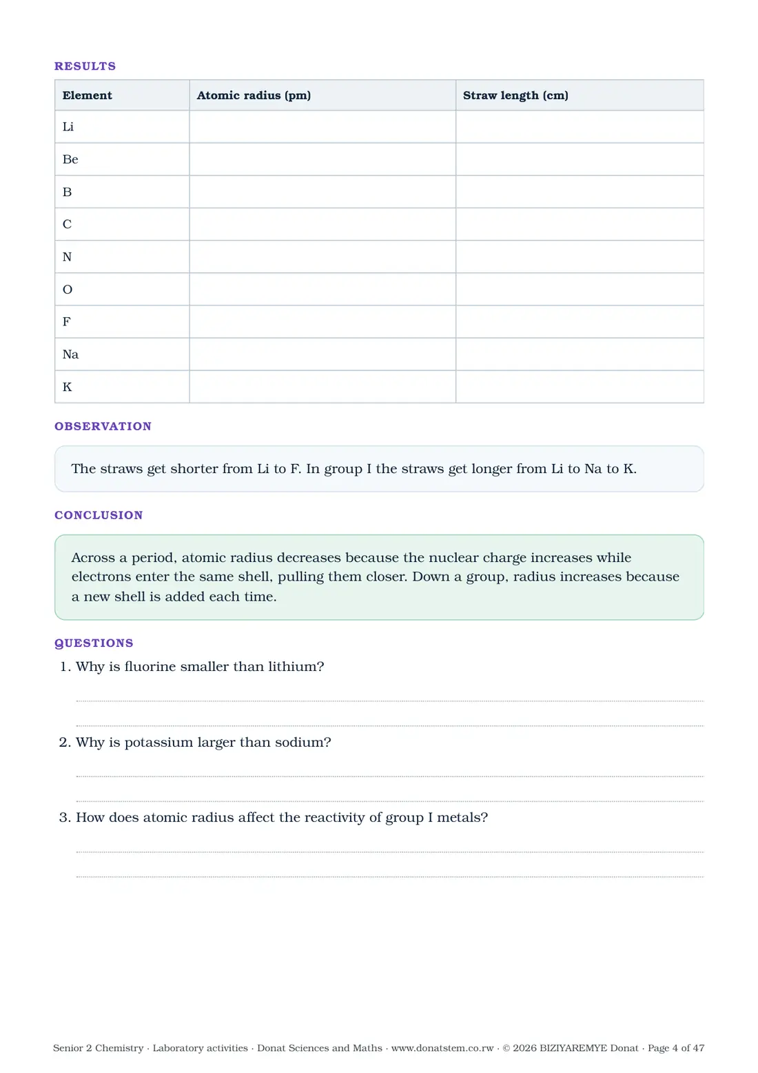 Page 4 of the Senior 2 chemistry laboratory activities: Activity 1.1: results table, observation, conclusion and questions