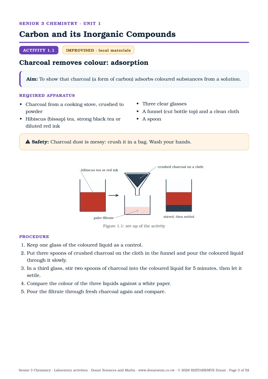 Page 3 of the Senior 3 chemistry laboratory activities: Activity 1.1 (improvised): aim, apparatus, labelled drawing and procedure
