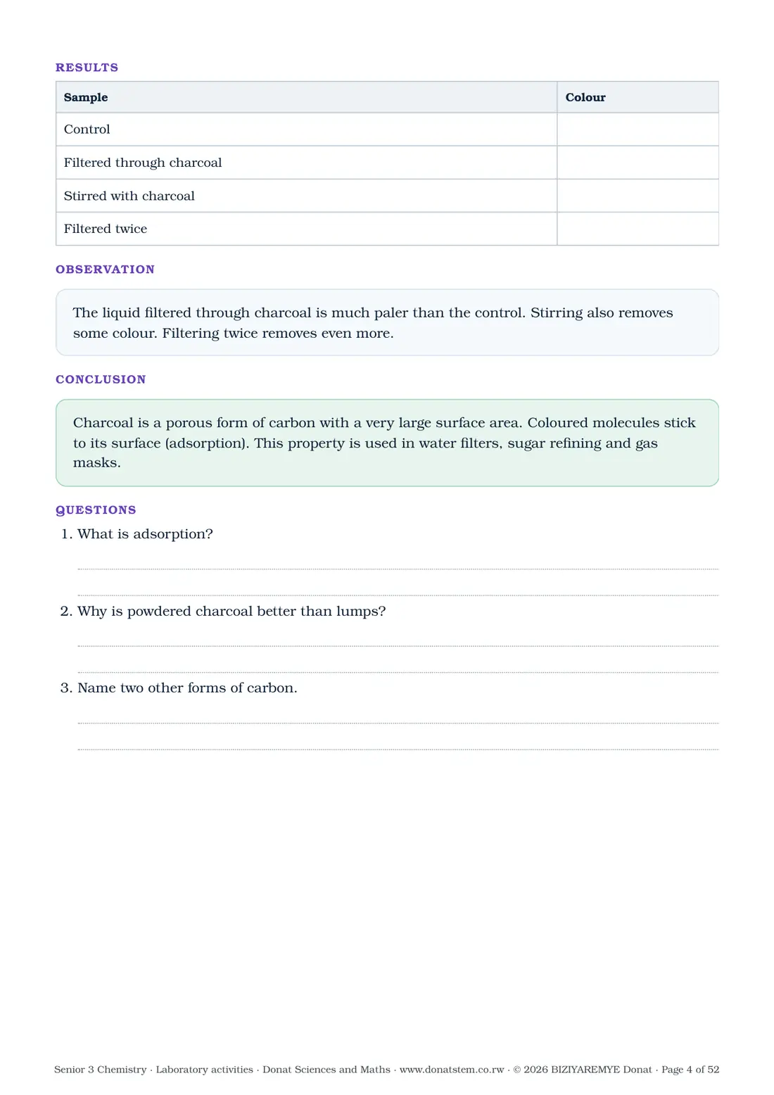 Page 4 of the Senior 3 chemistry laboratory activities: Activity 1.1: results table, observation, conclusion and questions