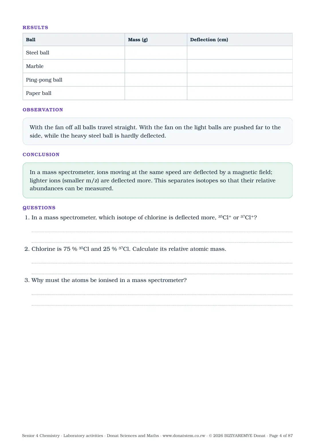 Page 4 of the Senior 4 chemistry laboratory activities: Activity 1.1: results table, observation, conclusion and questions