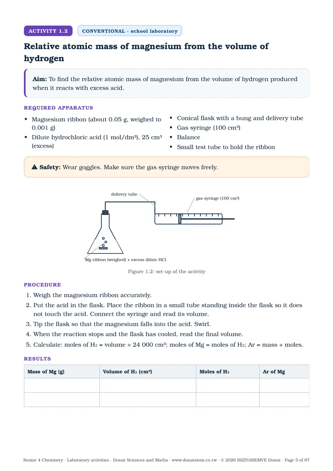 Page 5 of the Senior 4 chemistry laboratory activities: Activity 1.2 (conventional) begins