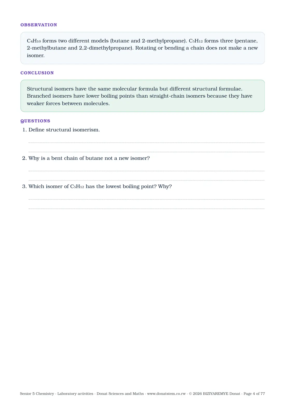 Page 4 of the Senior 5 chemistry laboratory activities: Activity 1.1: results table, observation, conclusion and questions
