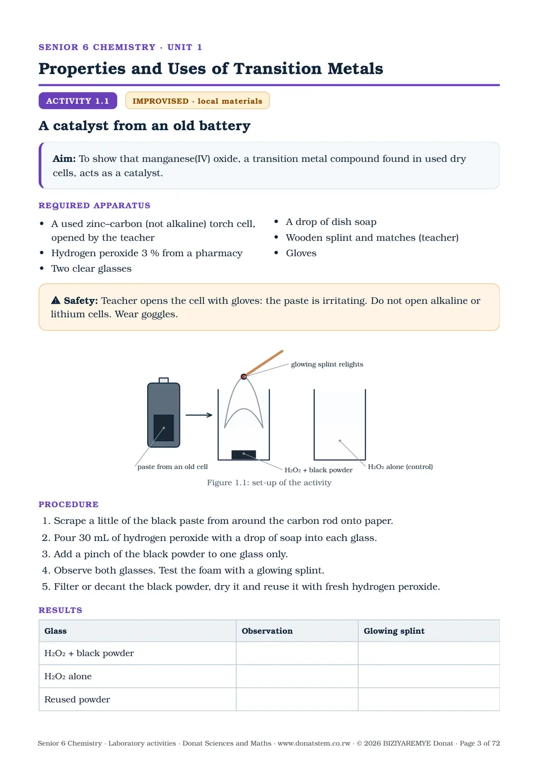 Page 3 of the Senior 6 chemistry laboratory activities: Activity 1.1 (improvised): aim, apparatus, labelled drawing and procedure