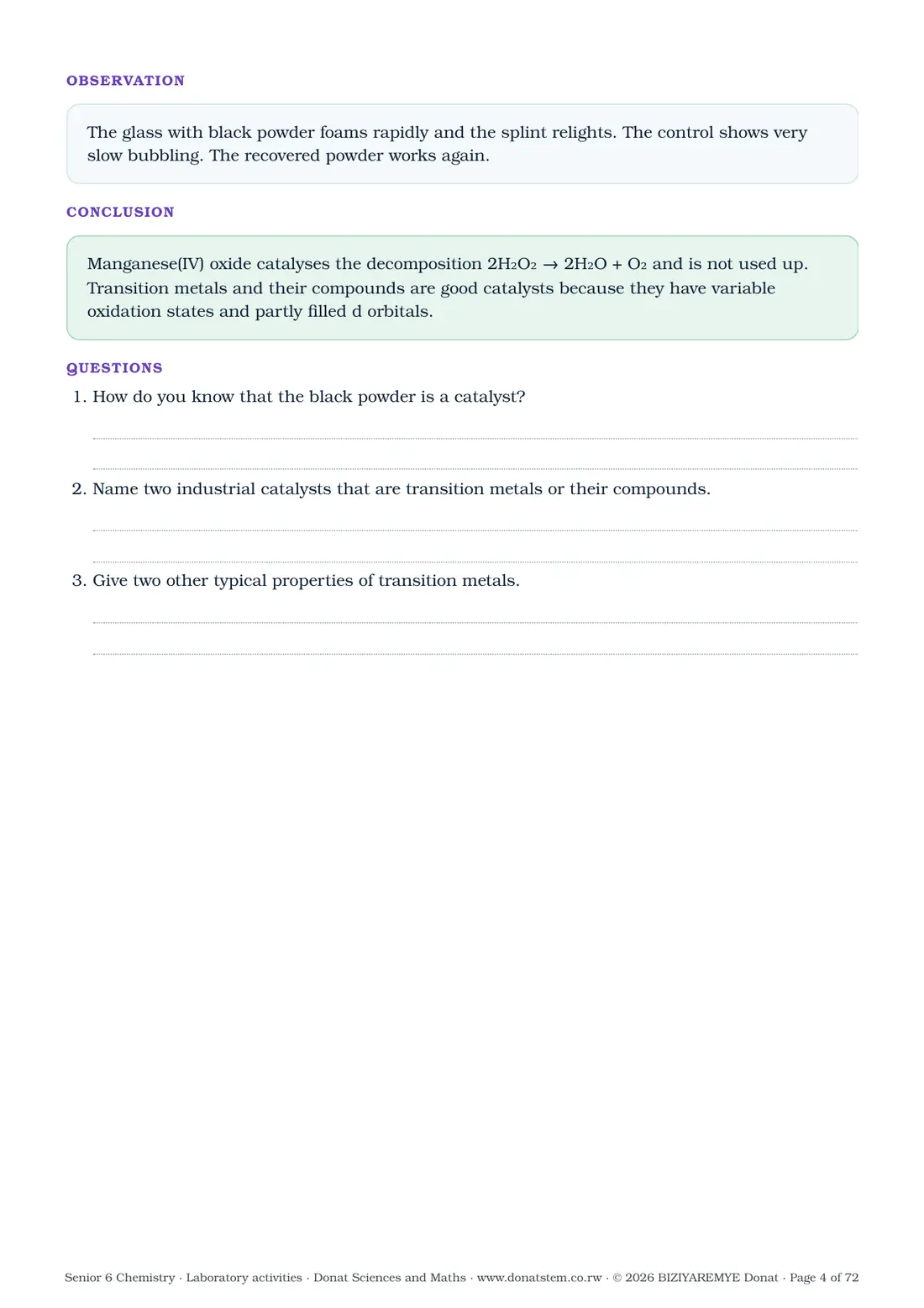 Page 4 of the Senior 6 chemistry laboratory activities: Activity 1.1: results table, observation, conclusion and questions