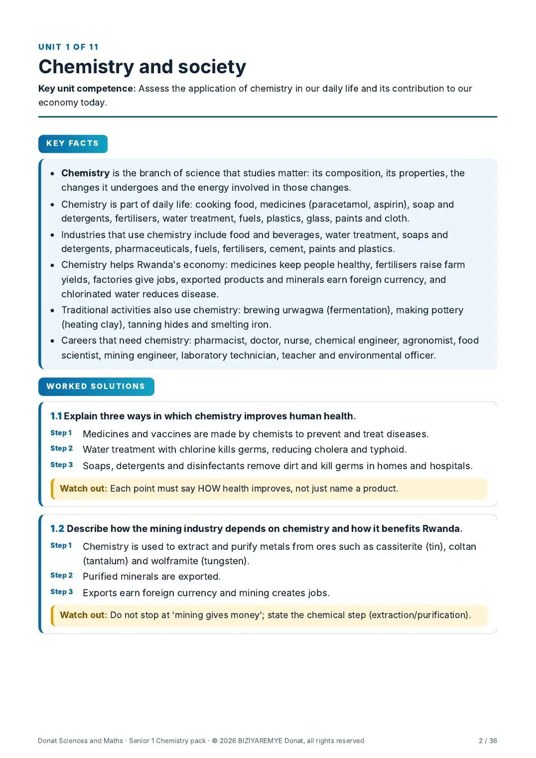 Page 2 of the Senior 1 chemistry pack: Worked solutions with “Watch out” notes