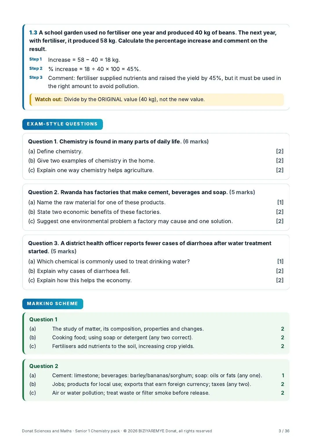Page 3 of the Senior 1 chemistry pack: Exam-style questions with marks