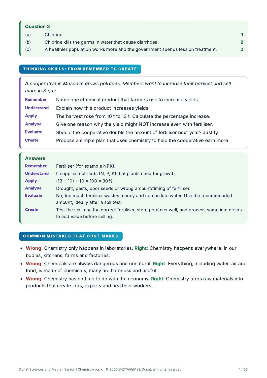 Page 4 of the Senior 1 chemistry pack: A thinking-skills question across the six Bloom levels