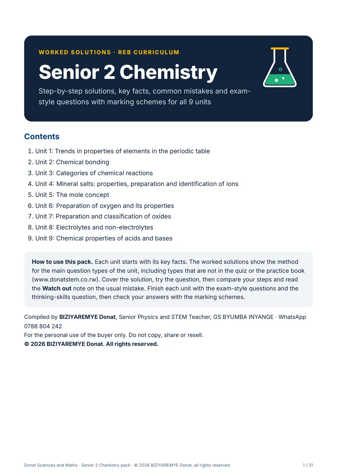 Cover of the Senior 2 chemistry pack