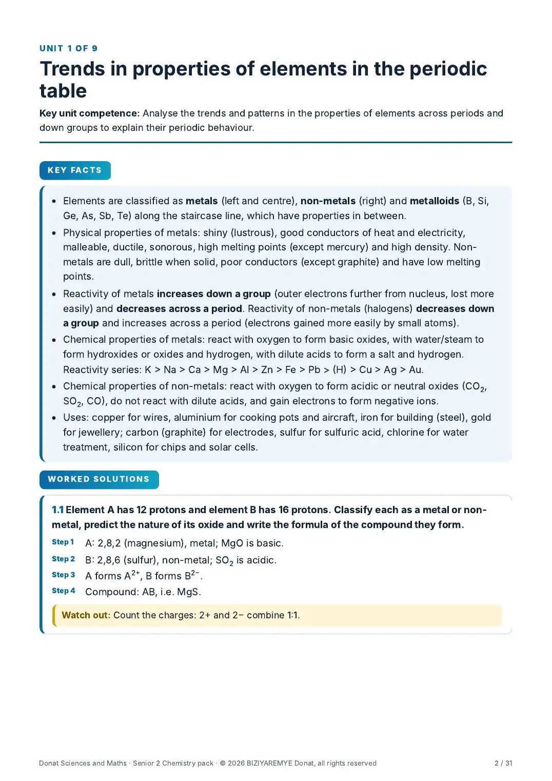 Page 2 of the Senior 2 chemistry pack: Worked solutions with “Watch out” notes
