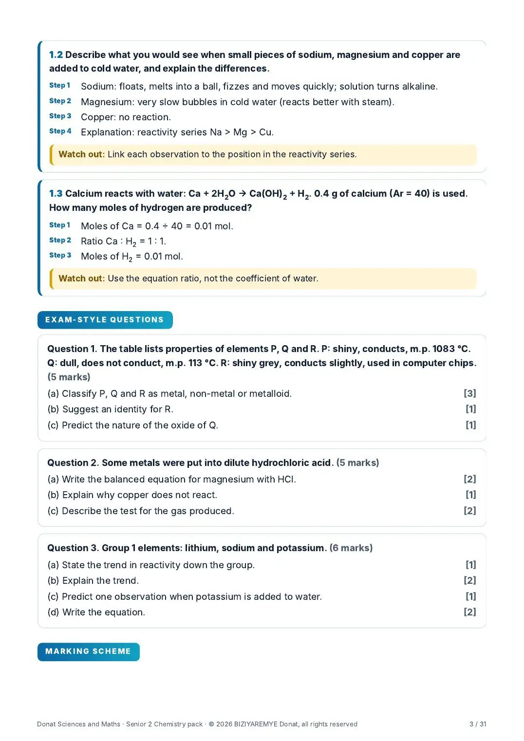 Page 3 of the Senior 2 chemistry pack: Exam-style questions with marks
