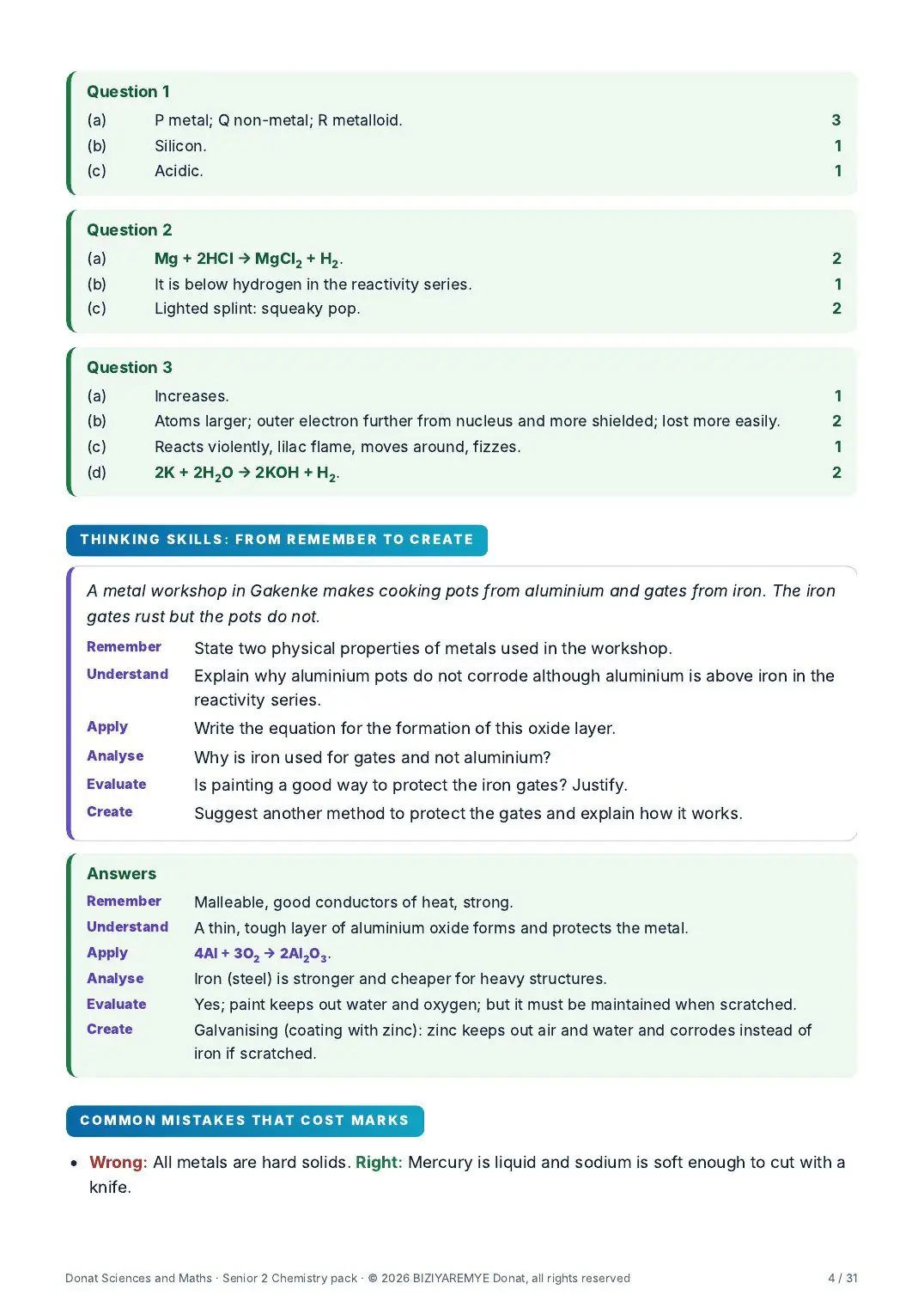 Page 4 of the Senior 2 chemistry pack: A thinking-skills question across the six Bloom levels