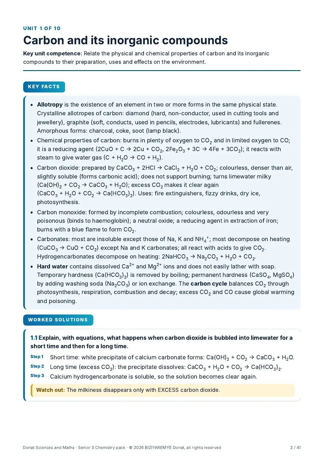 Page 2 of the Senior 3 chemistry pack: Worked solutions with “Watch out” notes