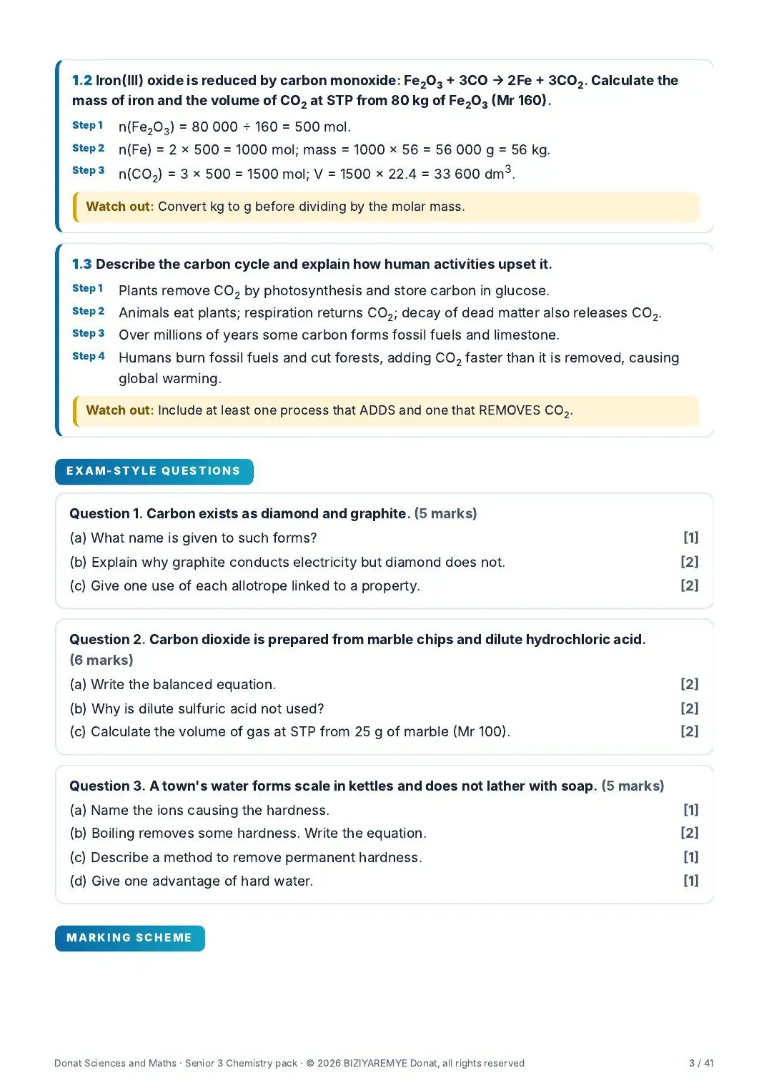 Page 3 of the Senior 3 chemistry pack: Exam-style questions with marks